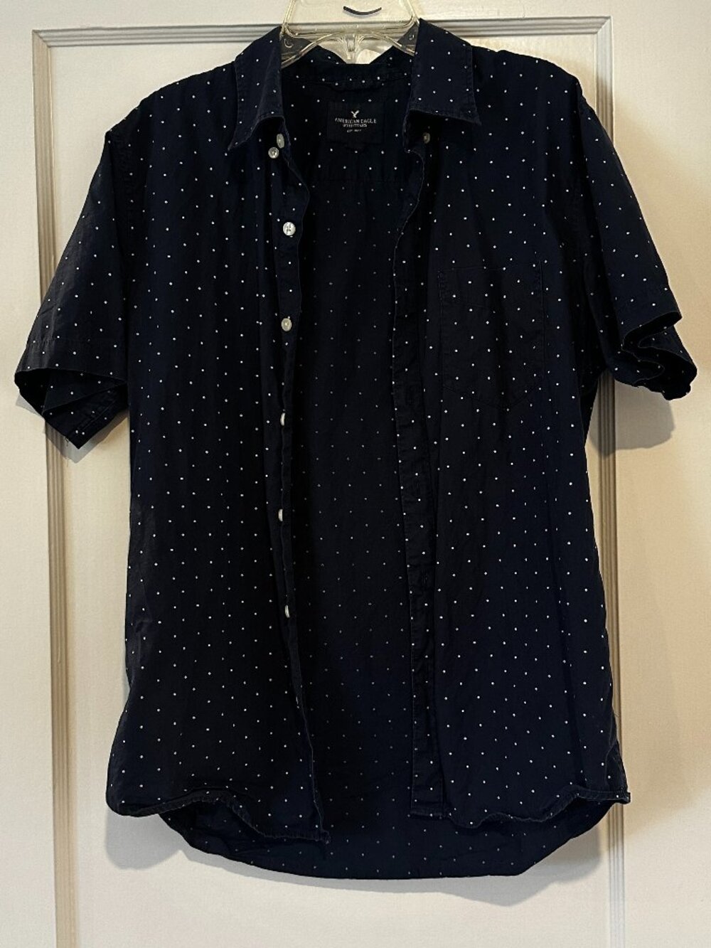American Eagle Navy Blue Polka Dot Button-Down Shirt (Size M)